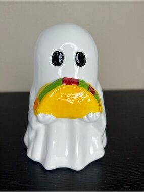 NEW 8” Ceramic Halloween Ghost Holding Taco Figurine